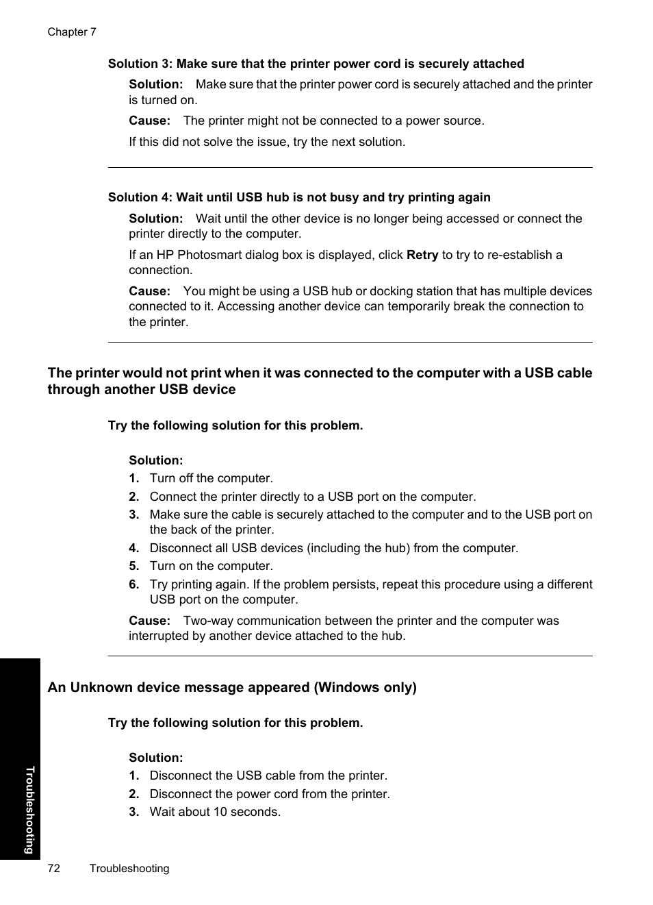 An unknown device message appeared (windows only) | HP Photosmart A637 Compact Photo Printer User Manual | Page 74 / 98