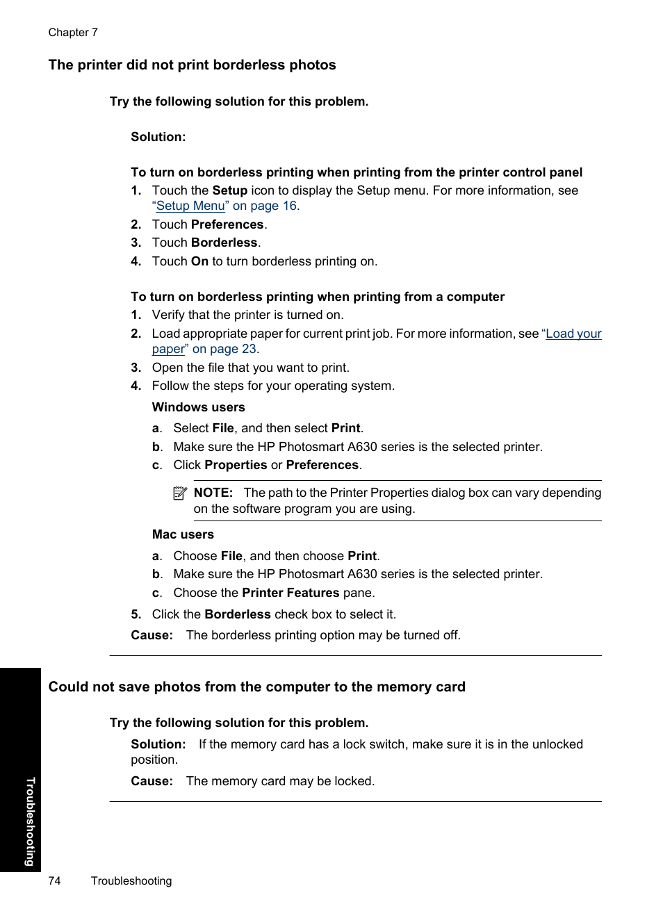 The printer did not print borderless photos | HP Photosmart A637 Compact Photo Printer User Manual | Page 76 / 98
