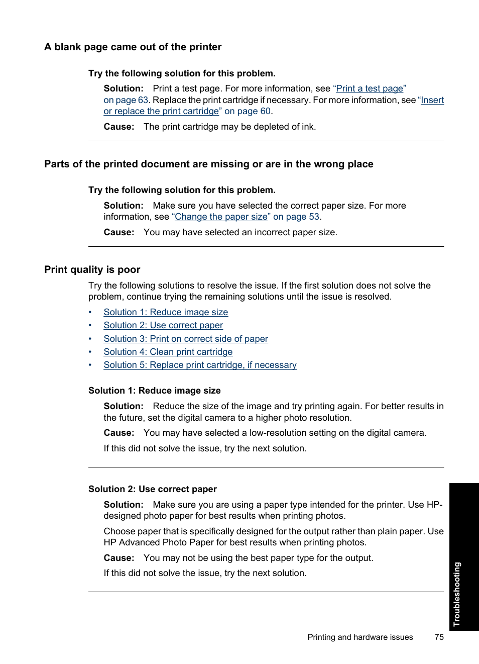 Print quality is poor | HP Photosmart A637 Compact Photo Printer User Manual | Page 77 / 98