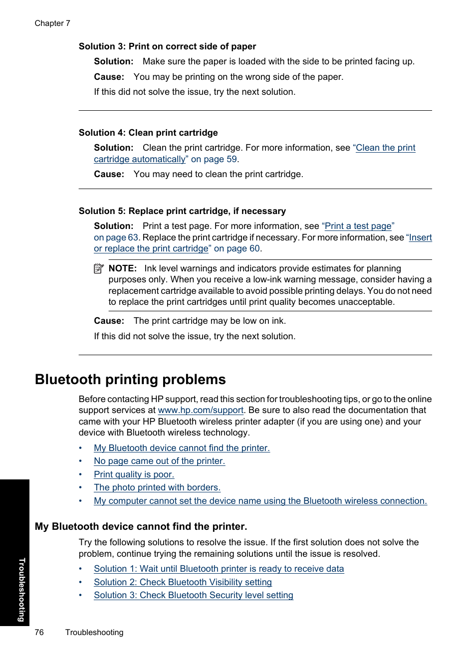 Bluetooth printing problems, My bluetooth device cannot find the printer, Solution 3: print on correct side of paper | Solution 4: clean print cartridge, Solution 5: replace print cartridge, if necessary | HP Photosmart A637 Compact Photo Printer User Manual | Page 78 / 98
