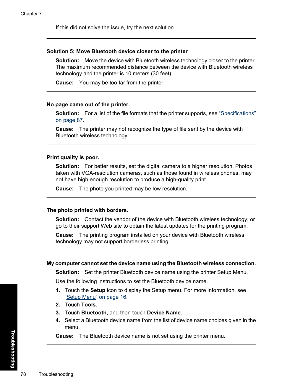 Print quality is poor, The photo printed with borders | HP Photosmart A637 Compact Photo Printer User Manual | Page 80 / 98