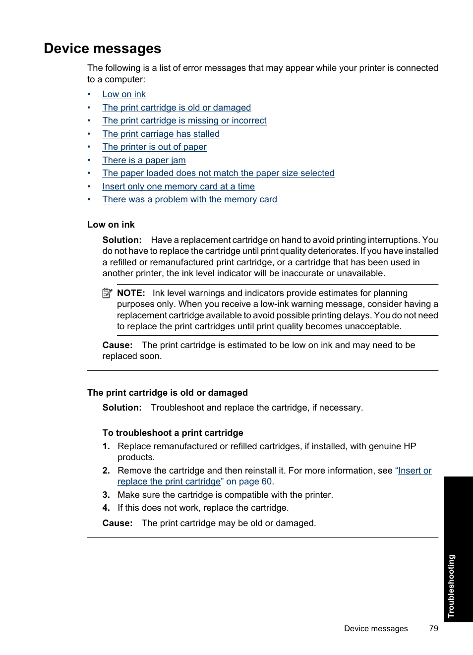 Device messages | HP Photosmart A637 Compact Photo Printer User Manual | Page 81 / 98