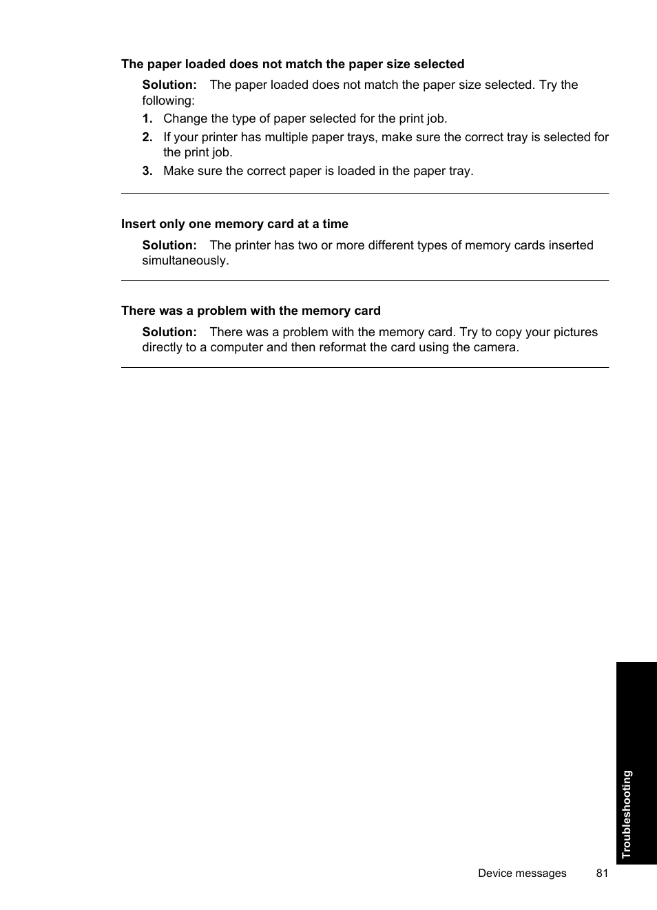 Insert only one memory card at a time, There was a problem with the memory card | HP Photosmart A637 Compact Photo Printer User Manual | Page 83 / 98