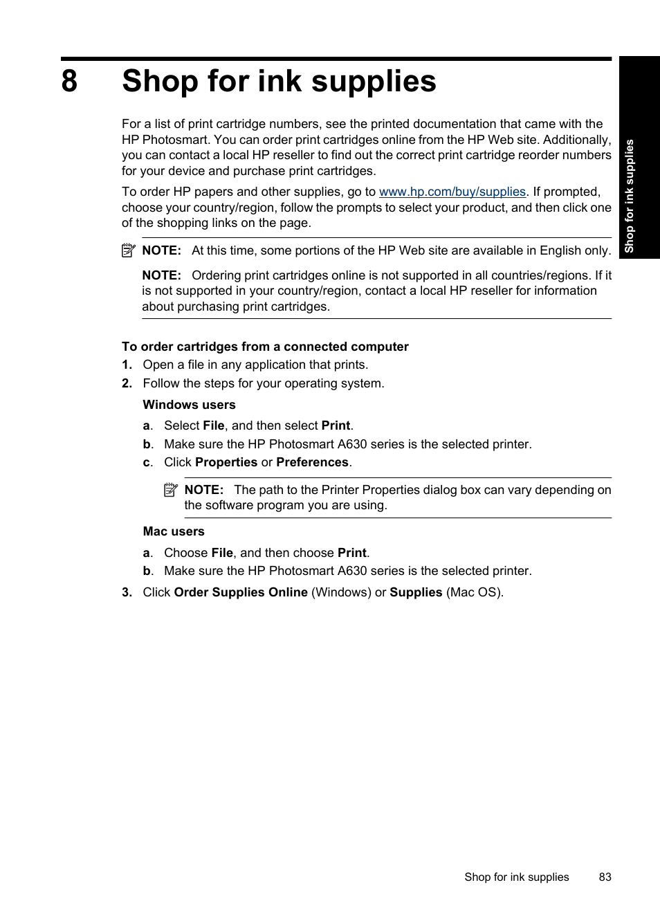 Shop for ink supplies, 8 shop for ink supplies, 8shop for ink supplies | HP Photosmart A637 Compact Photo Printer User Manual | Page 85 / 98