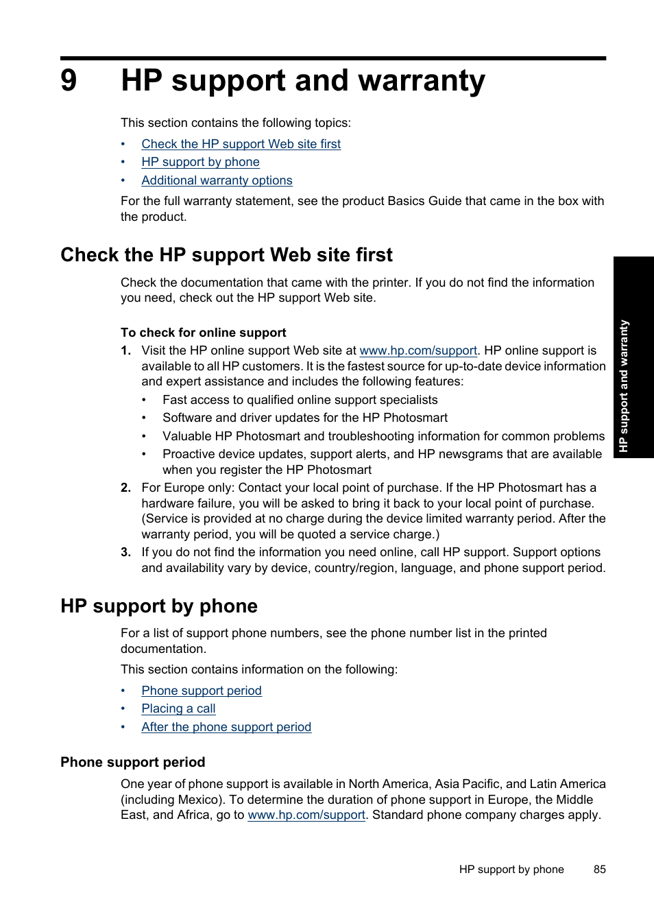 Hp support and warranty, Check the hp support web site first, Hp support by phone | Phone support period, 9 hp support and warranty, 9hp support and warranty | HP Photosmart A637 Compact Photo Printer User Manual | Page 87 / 98