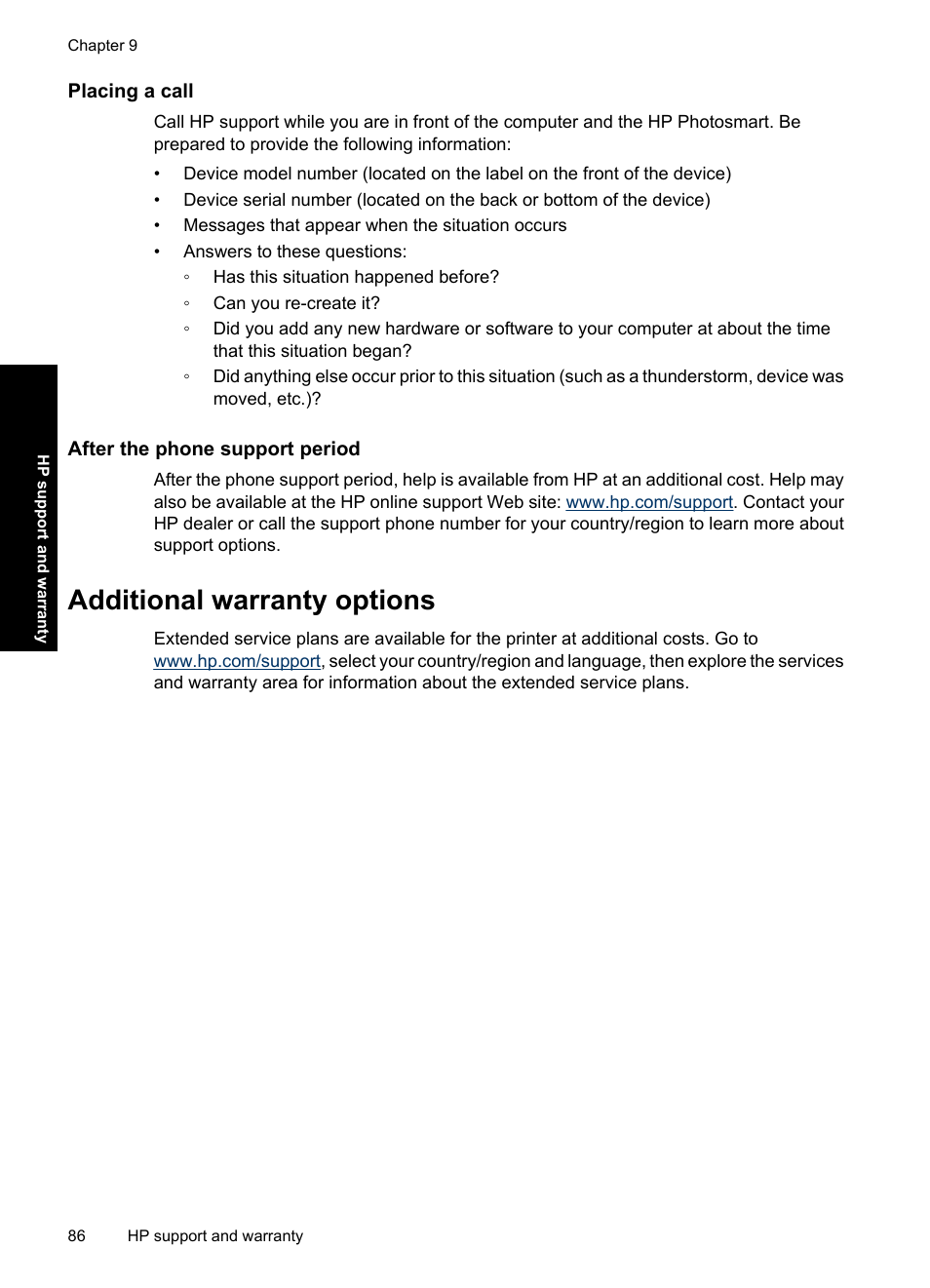 Placing a call, After the phone support period, Additional warranty options | HP Photosmart A637 Compact Photo Printer User Manual | Page 88 / 98