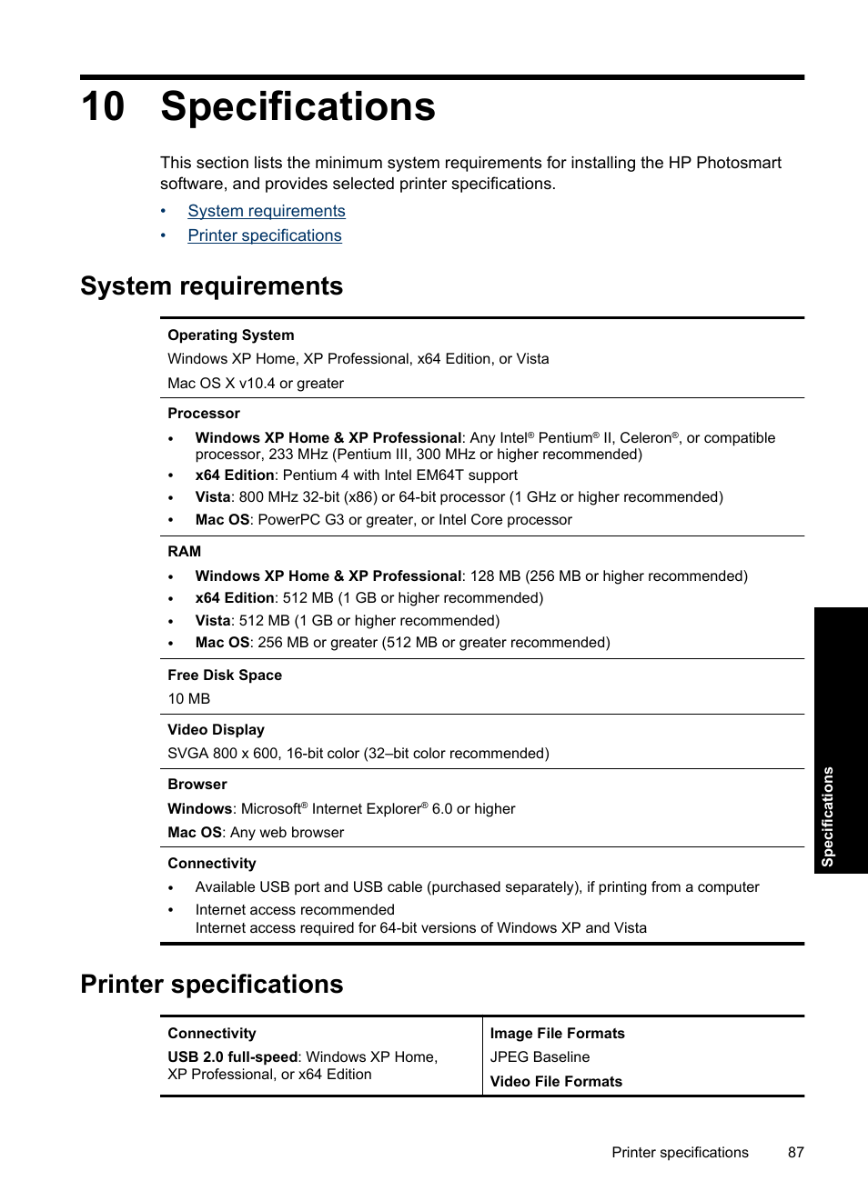 Specifications, System requirements, Printer specifications | 10 specifications, System requirements printer specifications | HP Photosmart A637 Compact Photo Printer User Manual | Page 89 / 98