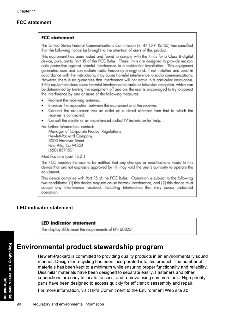 Fcc statement, Led indicator statement, Environmental product stewardship program | HP Photosmart A637 Compact Photo Printer User Manual | Page 92 / 98
