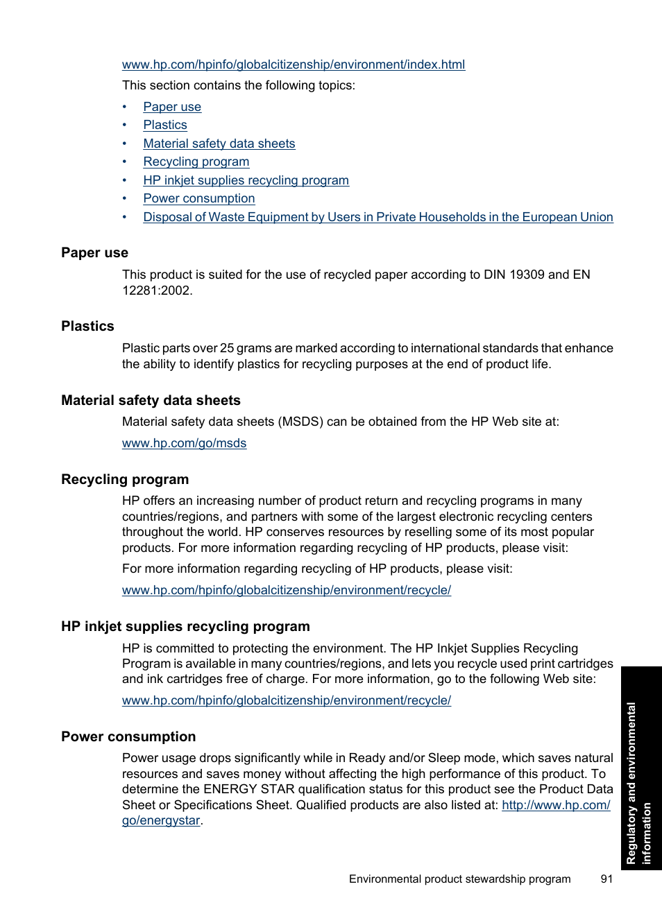 Paper use, Plastics, Material safety data sheets | Recycling program, Hp inkjet supplies recycling program, Power consumption | HP Photosmart A637 Compact Photo Printer User Manual | Page 93 / 98