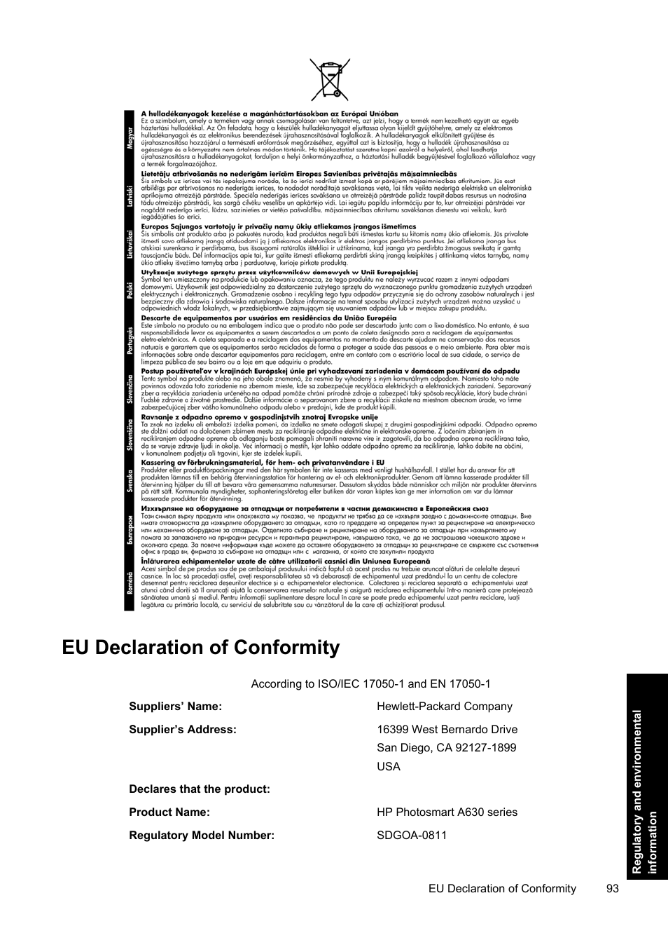 Eu declaration of conformity | HP Photosmart A637 Compact Photo Printer User Manual | Page 95 / 98
