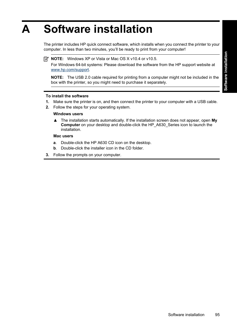 Software installation, A software installation, R or | Asoftware installation | HP Photosmart A637 Compact Photo Printer User Manual | Page 97 / 98