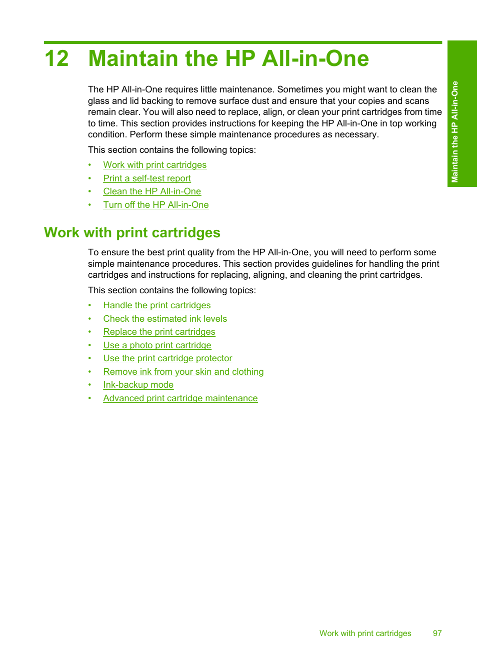 Maintain the hp all-in-one, Work with print cartridges, 12 maintain the hp all-in-one | HP Photosmart C5580 All-in-One Printer User Manual | Page 100 / 292