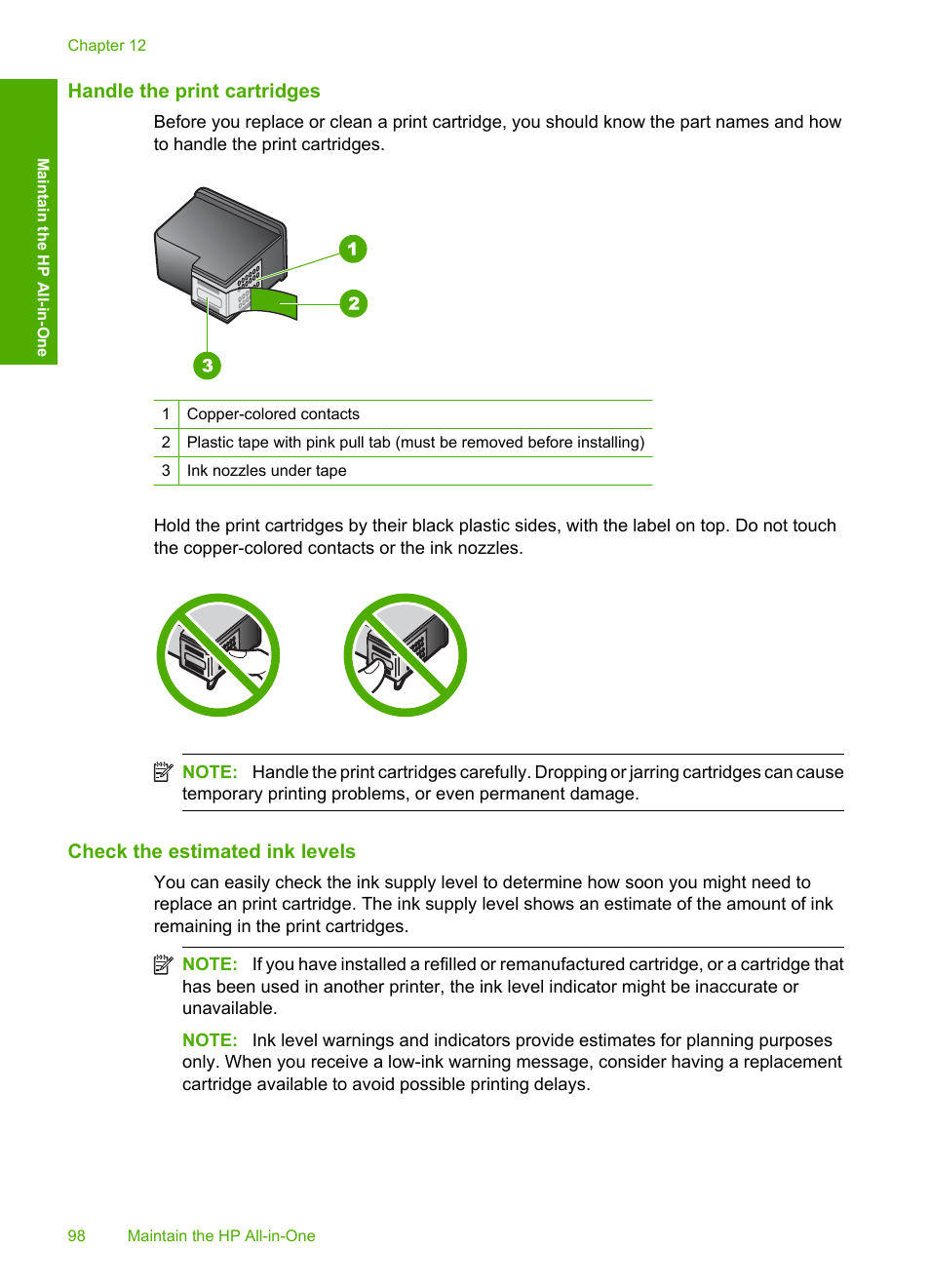 Handle the print cartridges, Check the estimated ink levels | HP Photosmart C5580 All-in-One Printer User Manual | Page 101 / 292