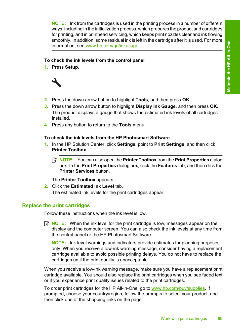 Replace the print cartridges | HP Photosmart C5580 All-in-One Printer User Manual | Page 102 / 292