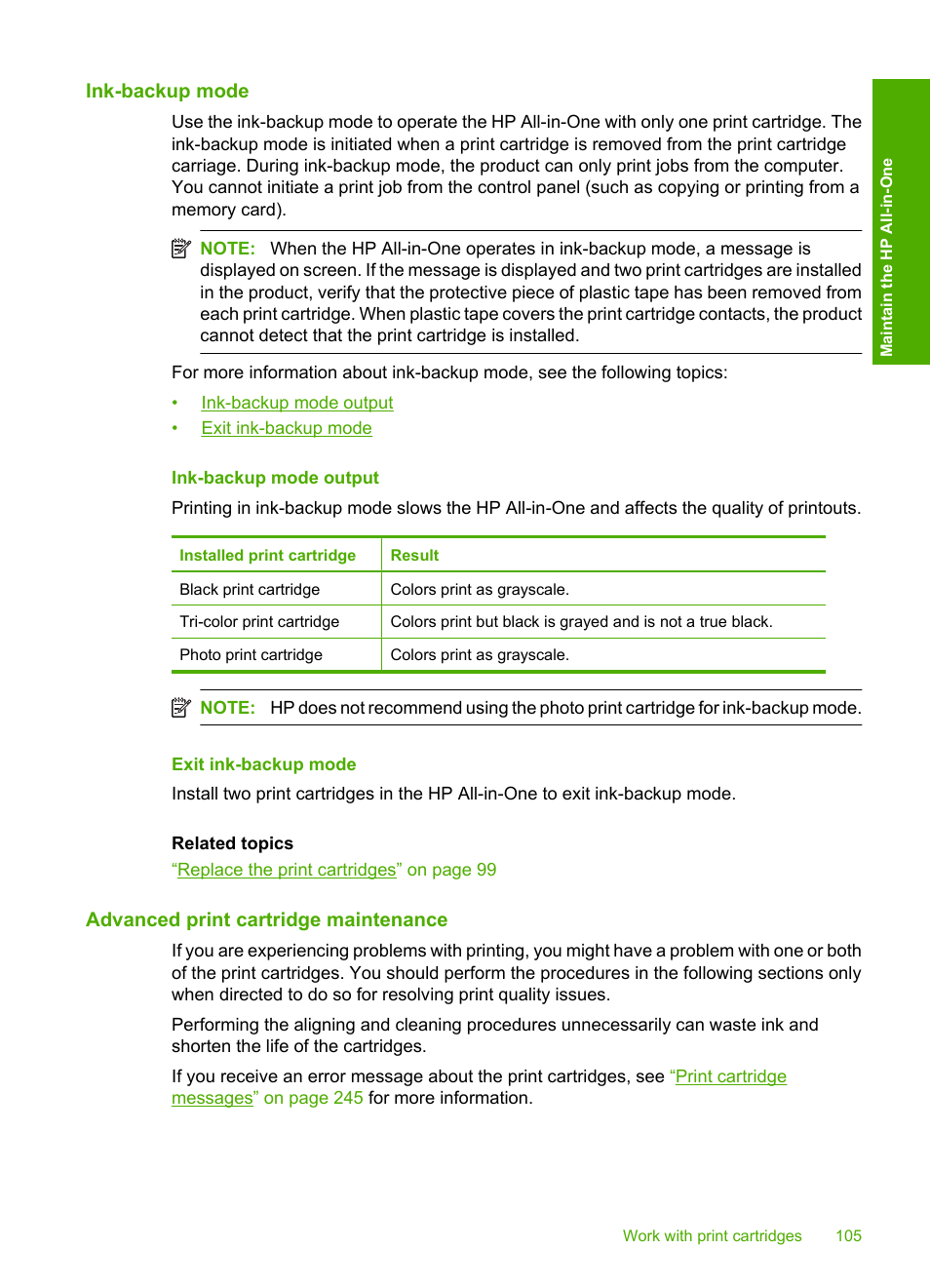 Ink-backup mode, Ink-backup mode output, Exit ink-backup mode | Advanced print cartridge maintenance | HP Photosmart C5580 All-in-One Printer User Manual | Page 108 / 292