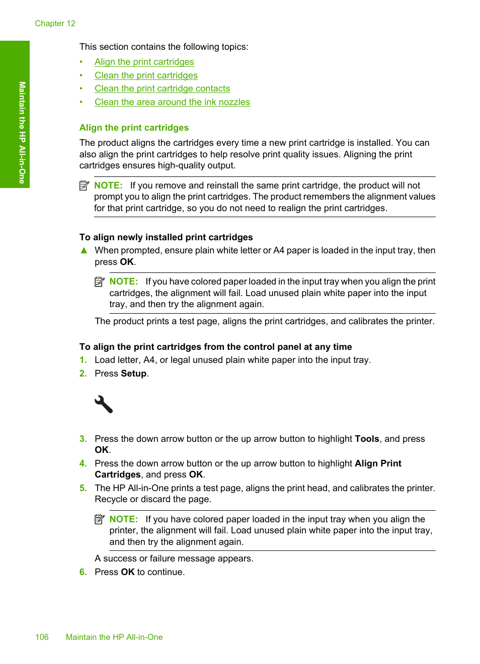 Align the print cartridges | HP Photosmart C5580 All-in-One Printer User Manual | Page 109 / 292