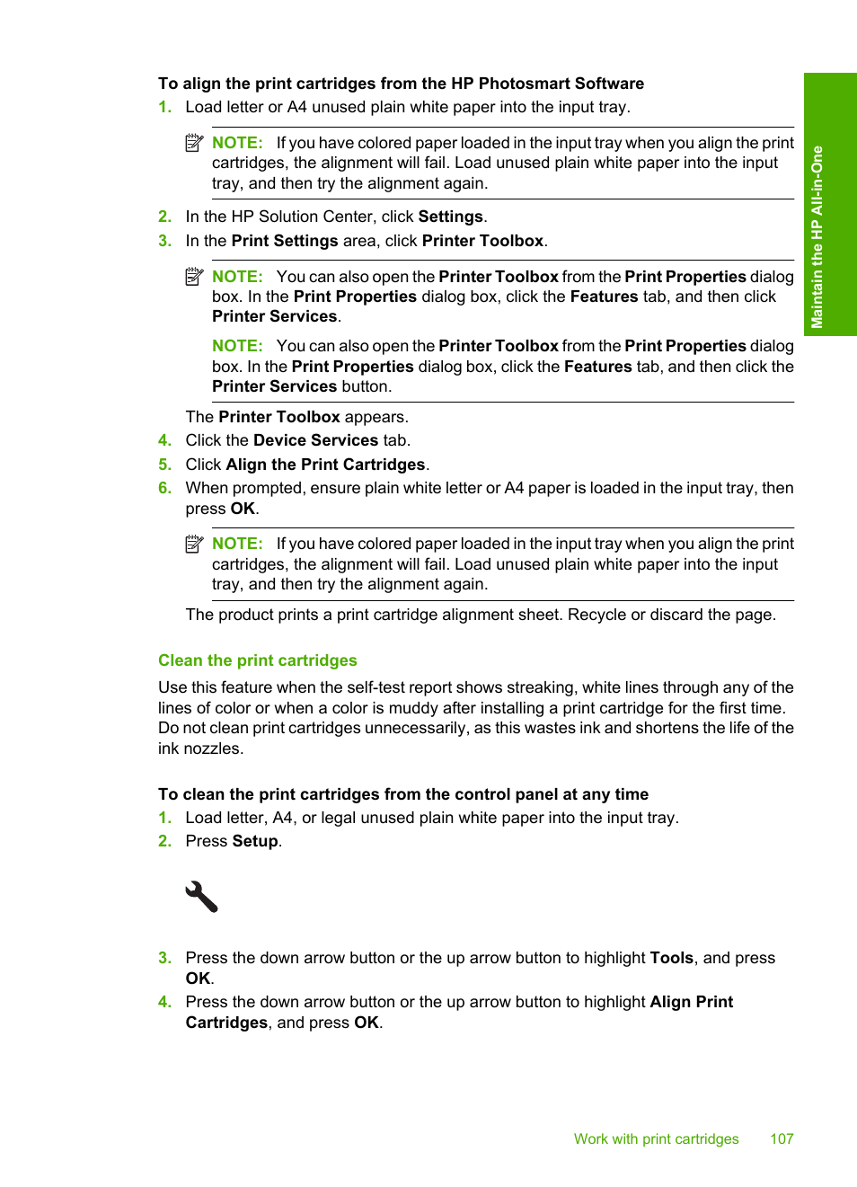Clean the print cartridges | HP Photosmart C5580 All-in-One Printer User Manual | Page 110 / 292