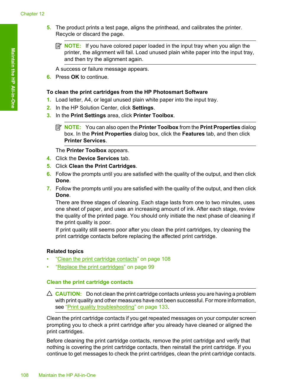Clean the print cartridge contacts | HP Photosmart C5580 All-in-One Printer User Manual | Page 111 / 292