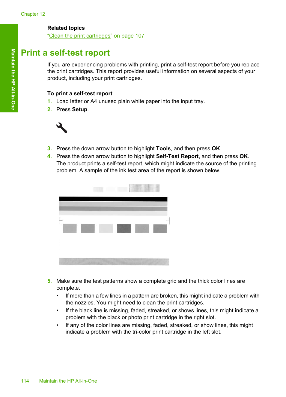 Print a self-test report | HP Photosmart C5580 All-in-One Printer User Manual | Page 117 / 292