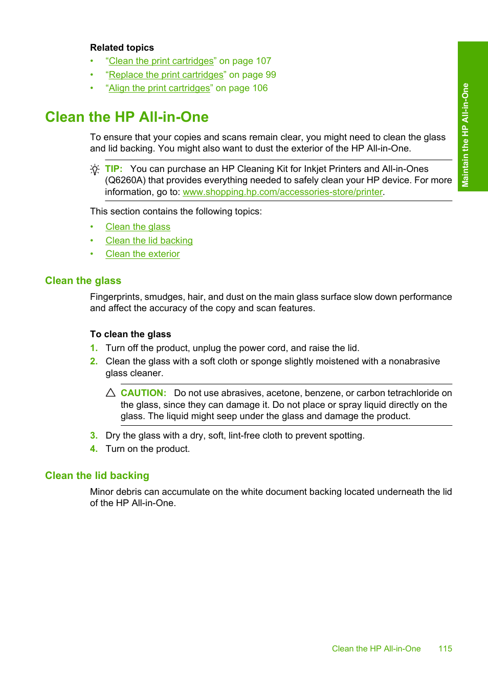 Clean the hp all-in-one, Clean the glass, Clean the lid backing | HP Photosmart C5580 All-in-One Printer User Manual | Page 118 / 292