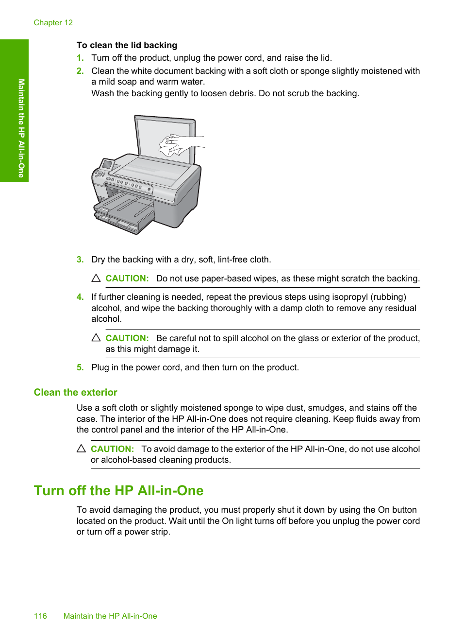 Clean the exterior, Turn off the hp all-in-one | HP Photosmart C5580 All-in-One Printer User Manual | Page 119 / 292