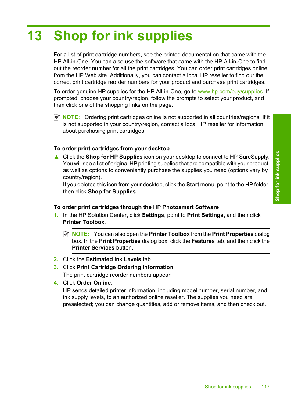 Shop for ink supplies, 13 shop for ink supplies | HP Photosmart C5580 All-in-One Printer User Manual | Page 120 / 292