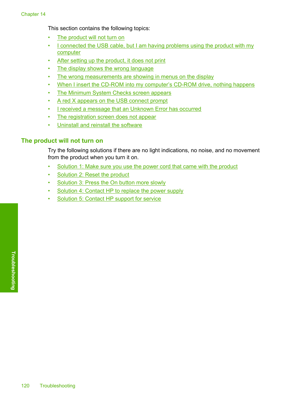 The product will not turn on | HP Photosmart C5580 All-in-One Printer User Manual | Page 123 / 292