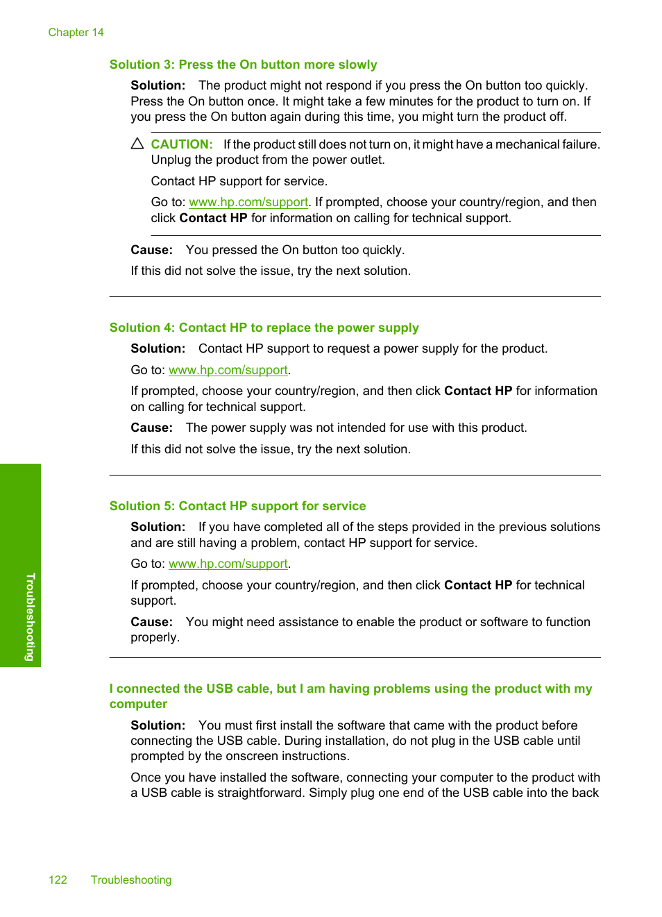 Solution 3: press the on button more slowly, Solution 4: contact hp to replace the power supply, Solution 5: contact hp support for service | HP Photosmart C5580 All-in-One Printer User Manual | Page 125 / 292