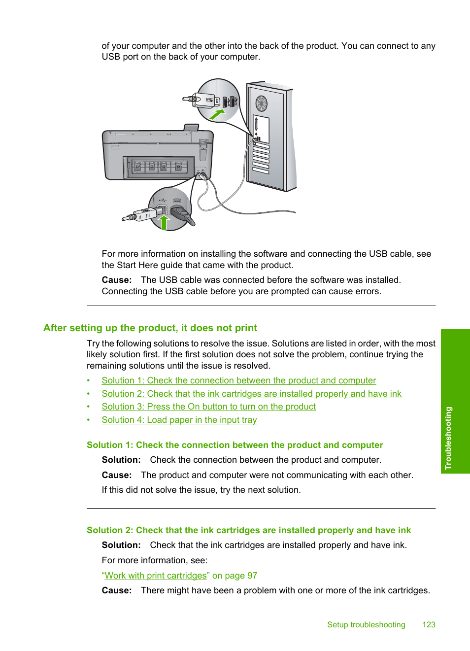 After setting up the product, it does not print | HP Photosmart C5580 All-in-One Printer User Manual | Page 126 / 292