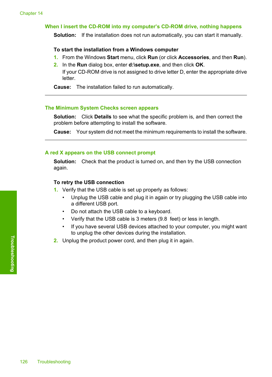 The minimum system checks screen appears, A red x appears on the usb connect prompt | HP Photosmart C5580 All-in-One Printer User Manual | Page 129 / 292