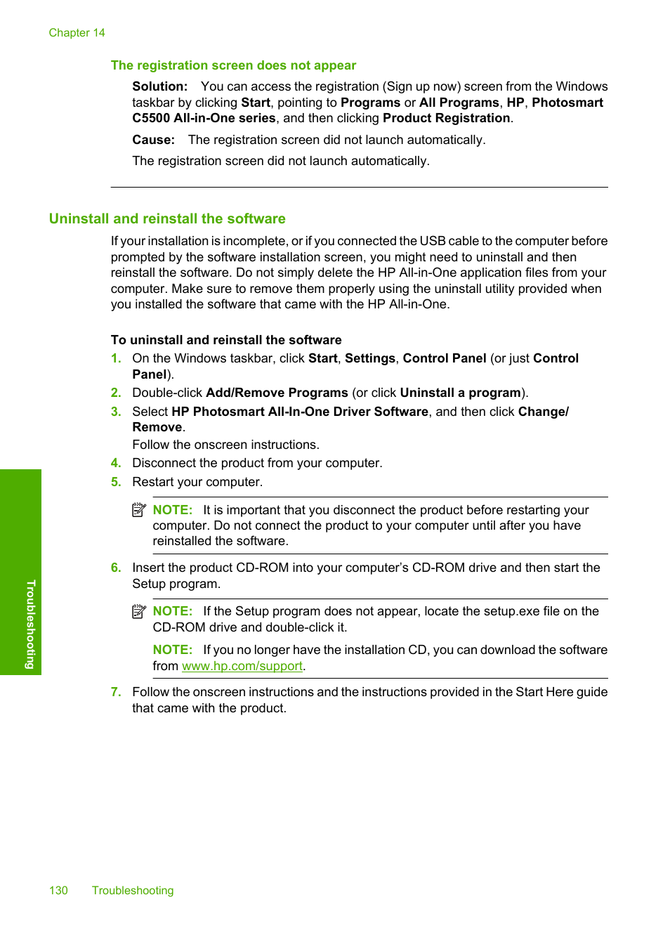 Uninstall and reinstall the software, The registration screen does not appear | HP Photosmart C5580 All-in-One Printer User Manual | Page 133 / 292