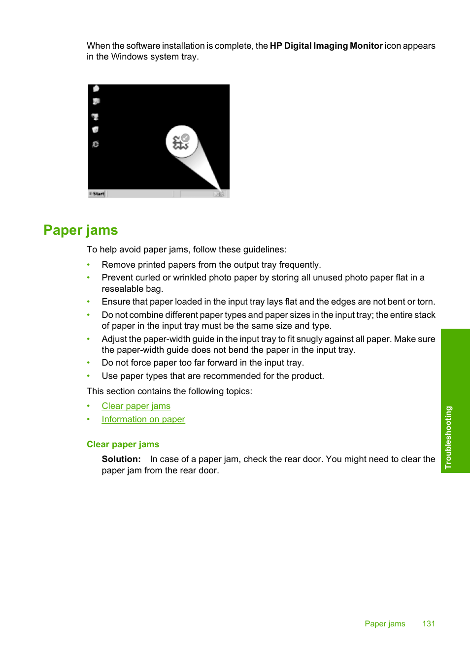 Paper jams, Information on paper | HP Photosmart C5580 All-in-One Printer User Manual | Page 134 / 292