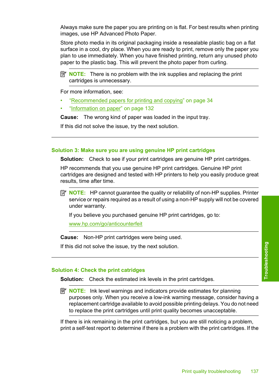 Solution 4: check the print catridges | HP Photosmart C5580 All-in-One Printer User Manual | Page 140 / 292