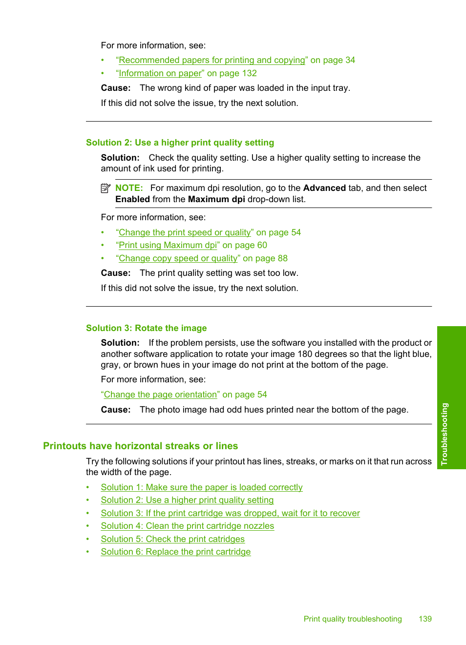 Printouts have horizontal streaks or lines, Solution 2: use a higher print quality setting, Solution 3: rotate the image | HP Photosmart C5580 All-in-One Printer User Manual | Page 142 / 292