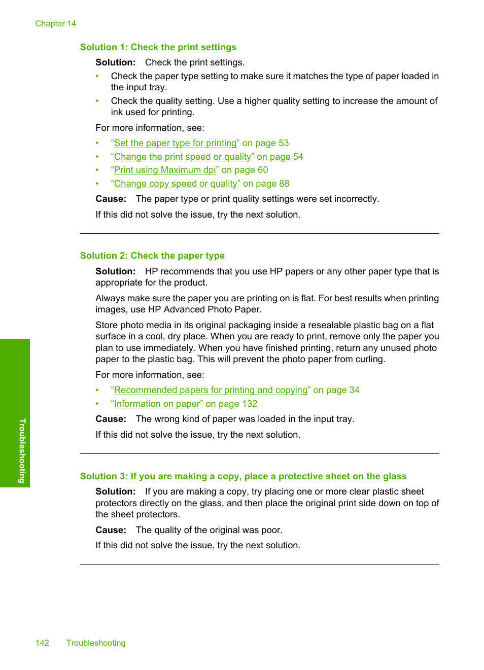 Solution 1: check the print settings, Solution 2: check the paper type | HP Photosmart C5580 All-in-One Printer User Manual | Page 145 / 292