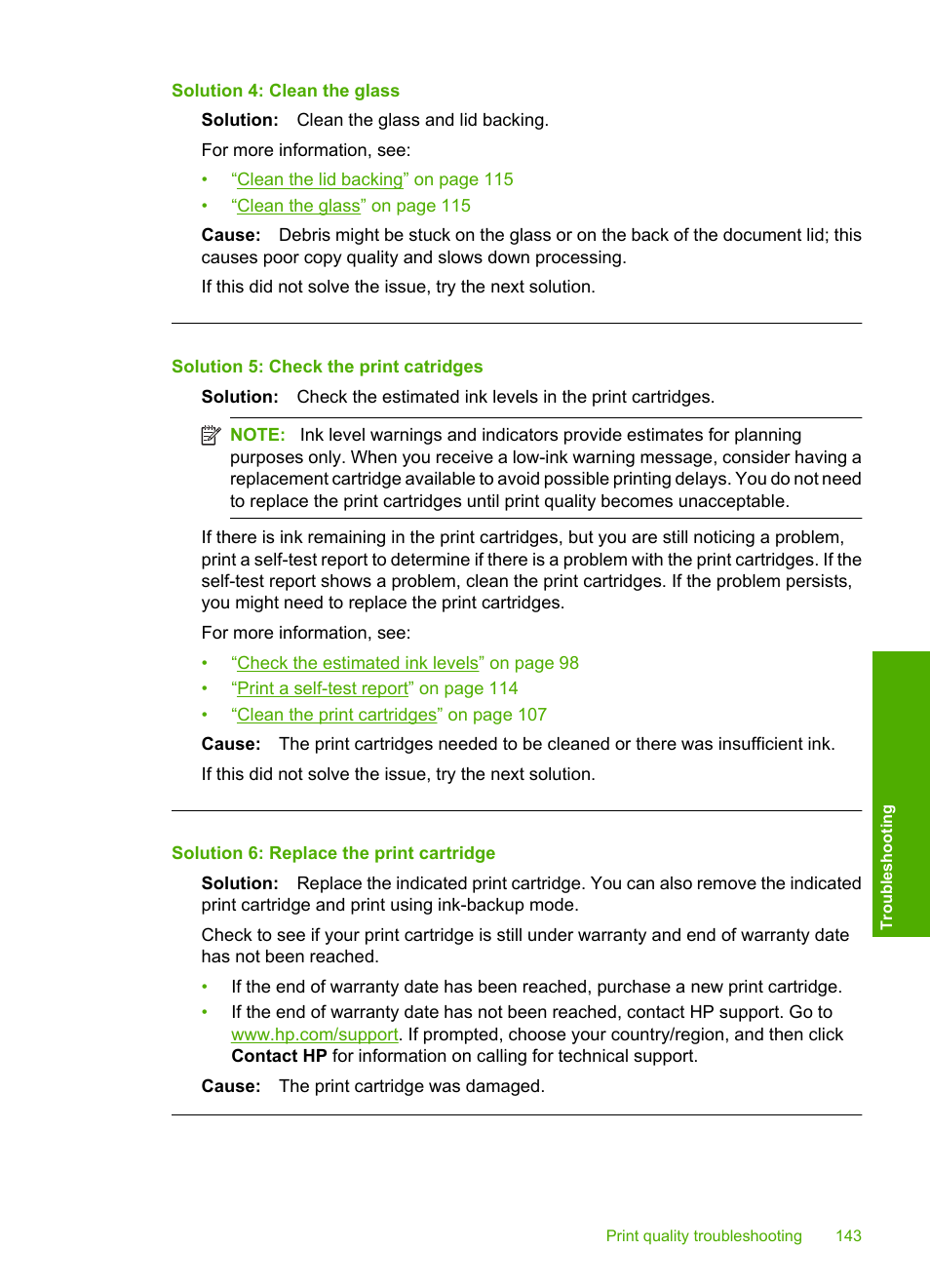 Solution 4: clean the glass, Solution 5: check the print catridges, Solution 6: replace the print cartridge | HP Photosmart C5580 All-in-One Printer User Manual | Page 146 / 292