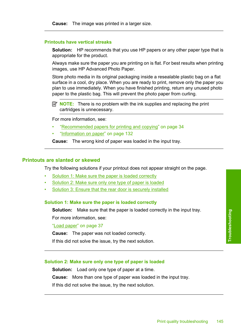 Printouts are slanted or skewed, Printouts have vertical streaks | HP Photosmart C5580 All-in-One Printer User Manual | Page 148 / 292