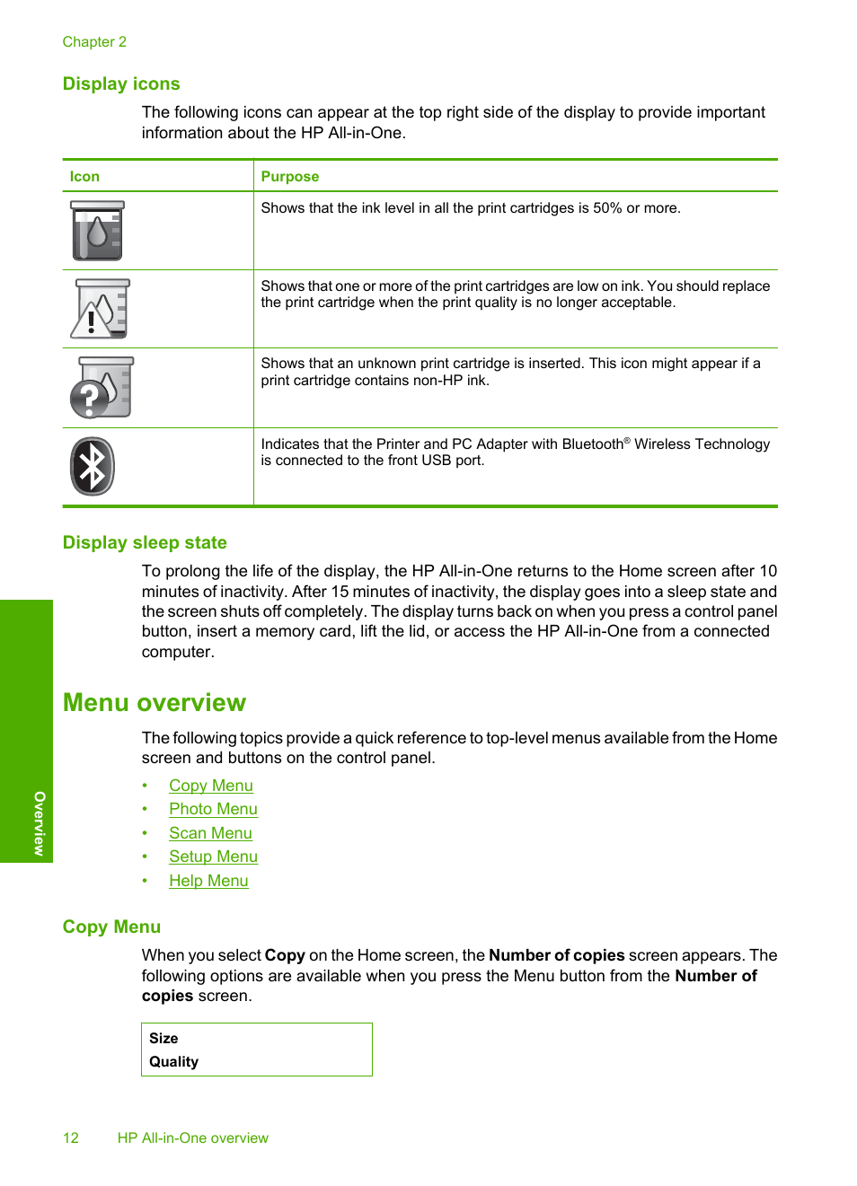 Display icons, Display sleep state, Menu overview | Copy menu | HP Photosmart C5580 All-in-One Printer User Manual | Page 15 / 292