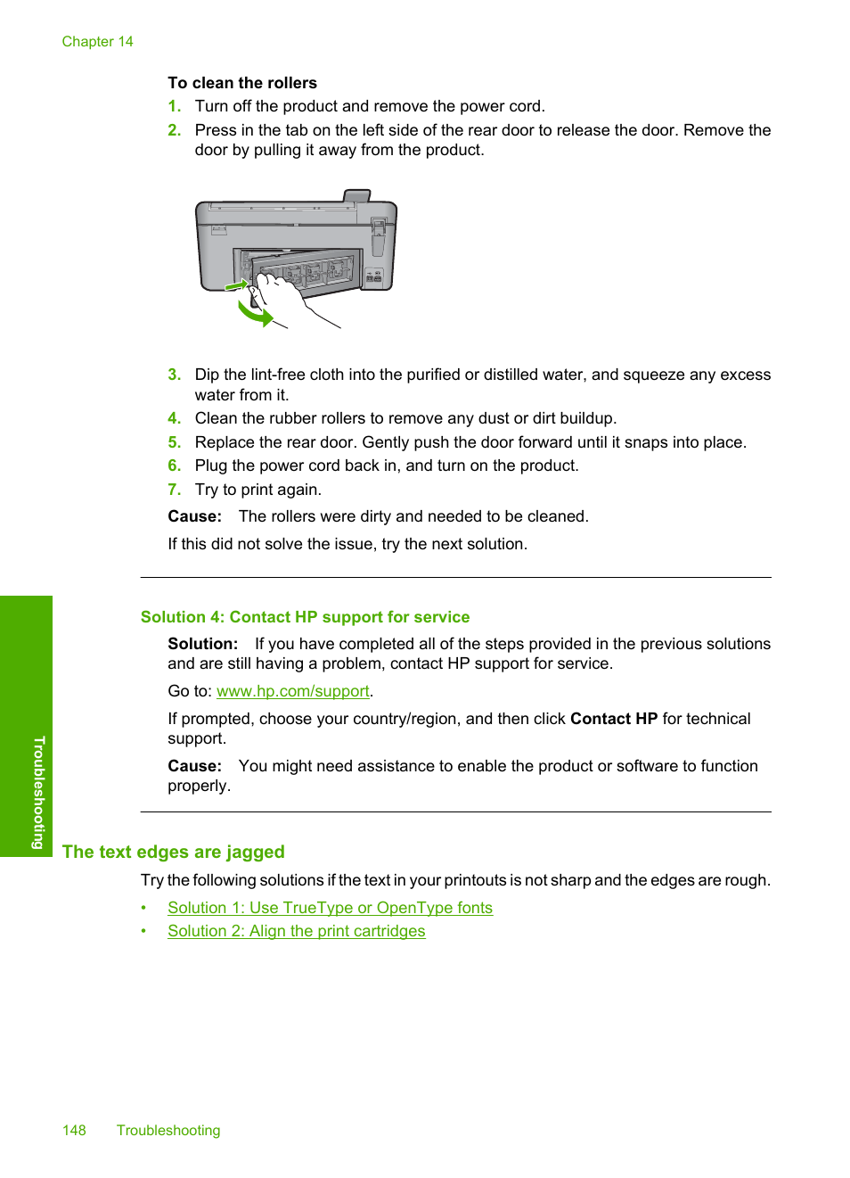 The text edges are jagged, Solution 4: contact hp support for service | HP Photosmart C5580 All-in-One Printer User Manual | Page 151 / 292
