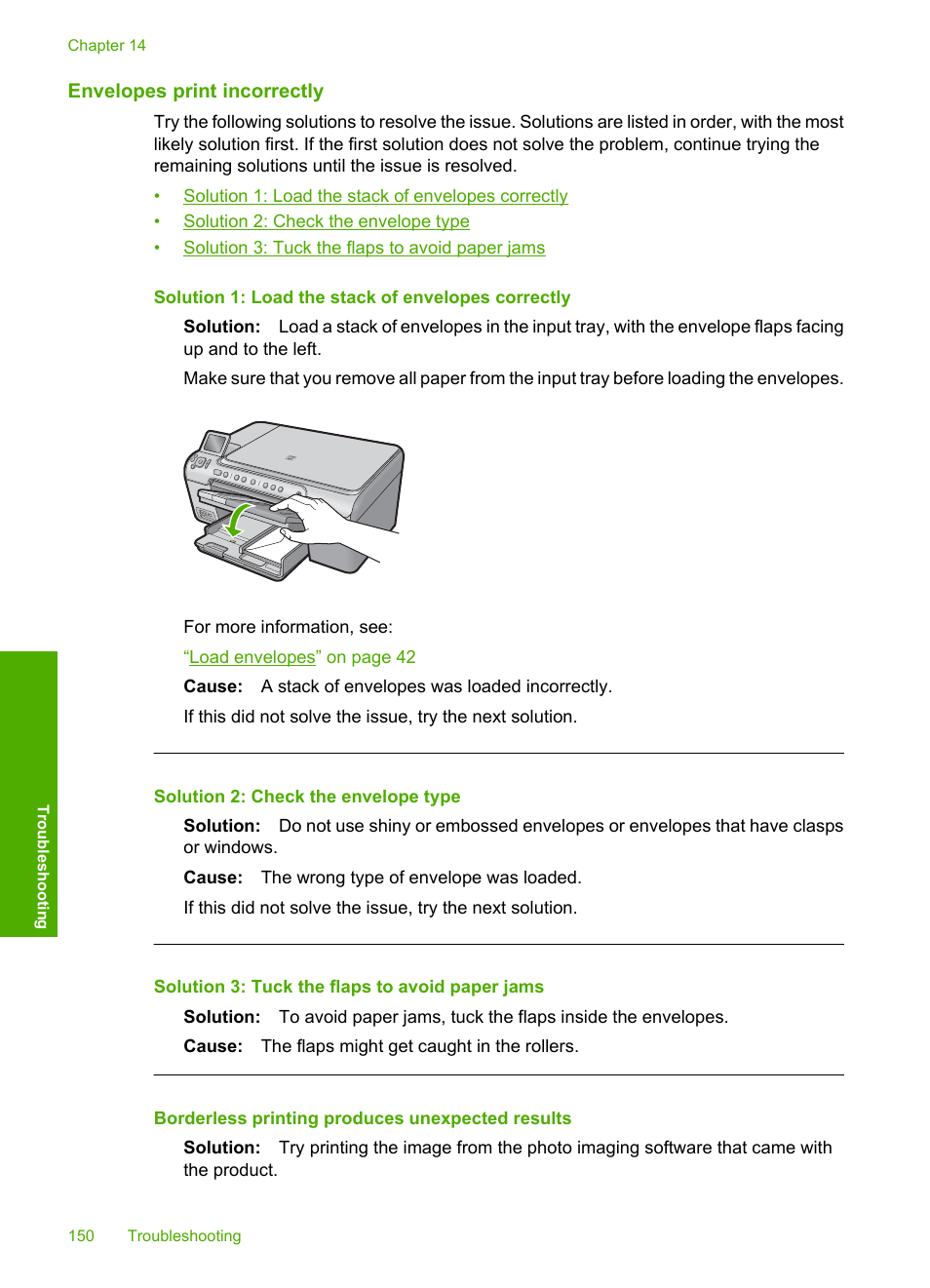 Envelopes print incorrectly, Borderless printing produces unexpected results | HP Photosmart C5580 All-in-One Printer User Manual | Page 153 / 292