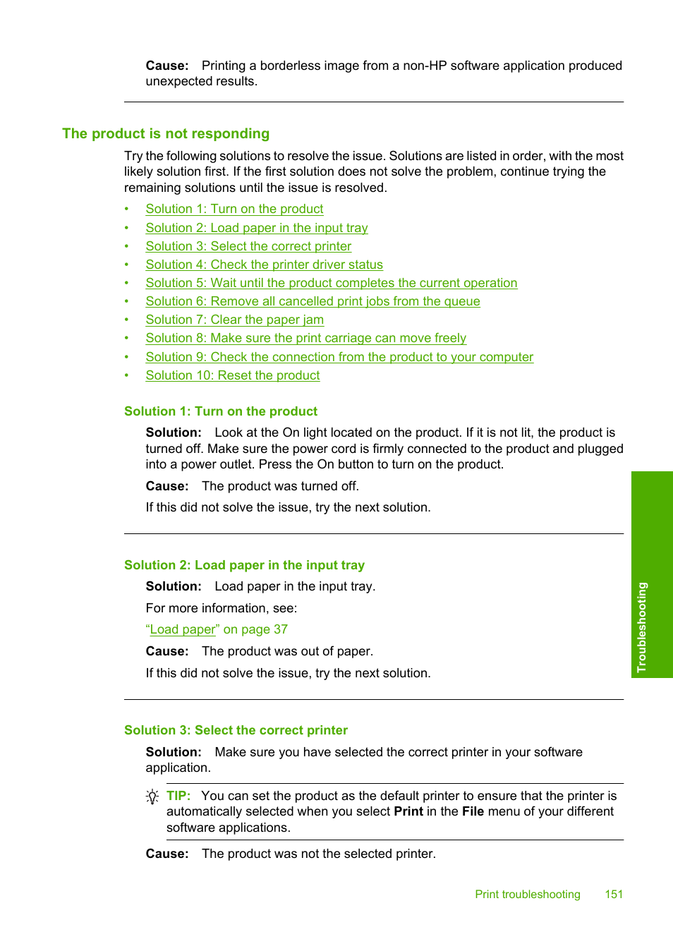 The product is not responding | HP Photosmart C5580 All-in-One Printer User Manual | Page 154 / 292