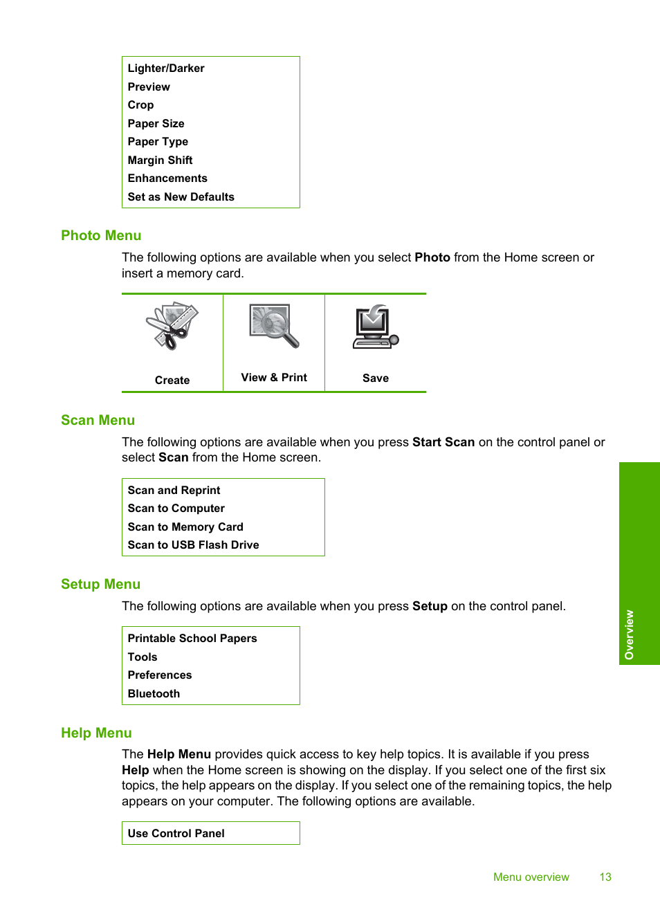 Photo menu, Scan menu, Setup menu | Help menu | HP Photosmart C5580 All-in-One Printer User Manual | Page 16 / 292