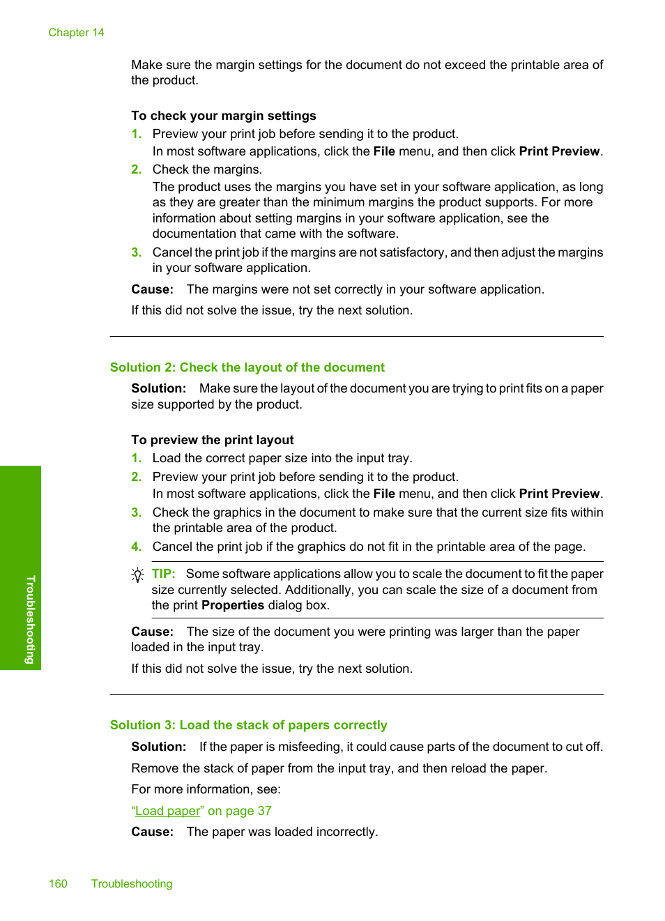 Solution 2: check the layout of the document, Solution 3: load the stack of papers correctly | HP Photosmart C5580 All-in-One Printer User Manual | Page 163 / 292