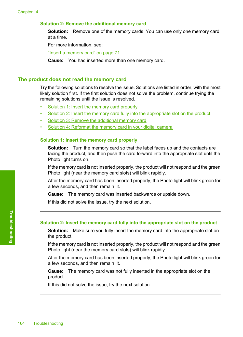 The product does not read the memory card, Solution 2: remove the additional memory card | HP Photosmart C5580 All-in-One Printer User Manual | Page 167 / 292
