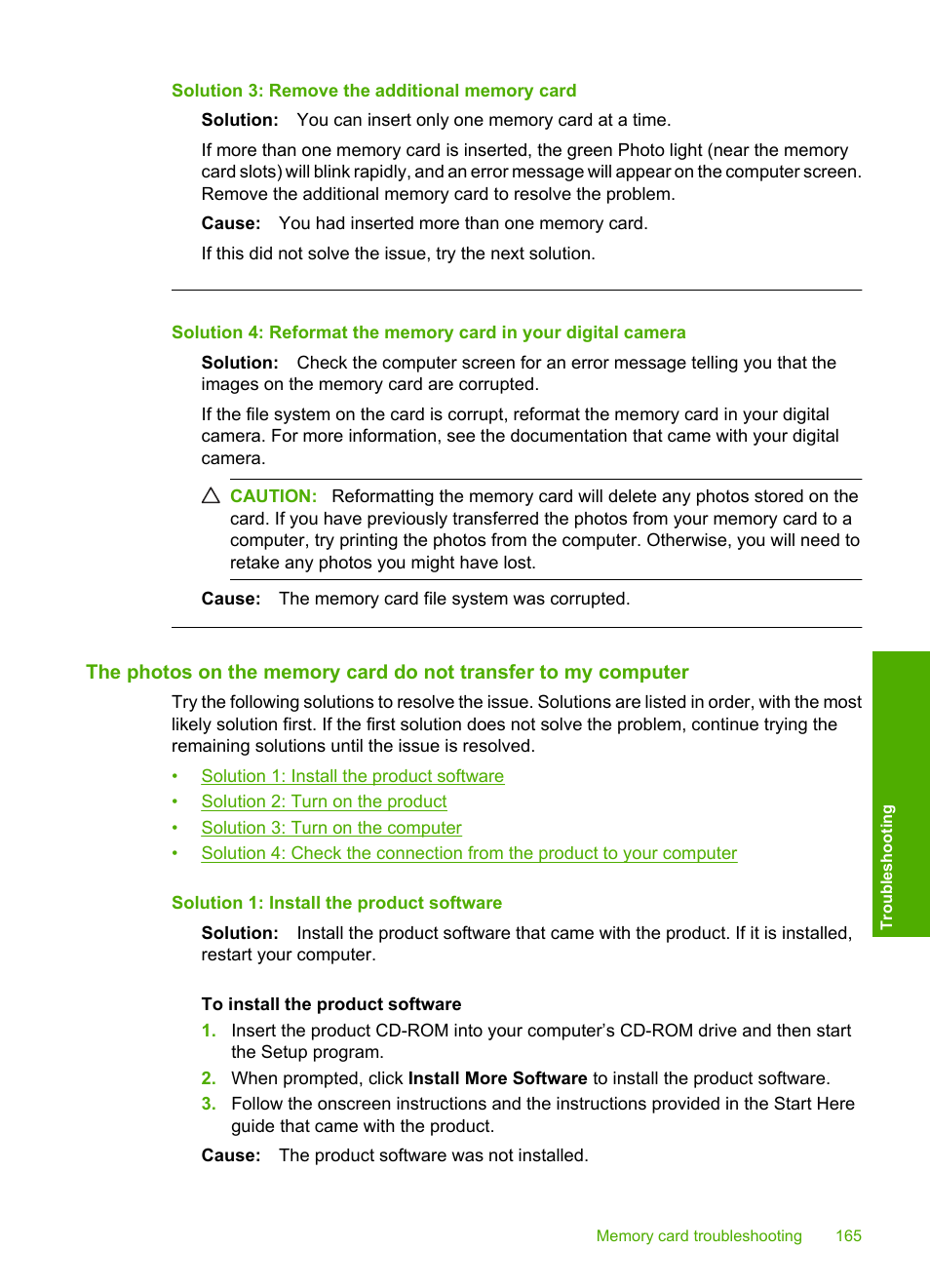Solution 3: remove the additional memory card | HP Photosmart C5580 All-in-One Printer User Manual | Page 168 / 292