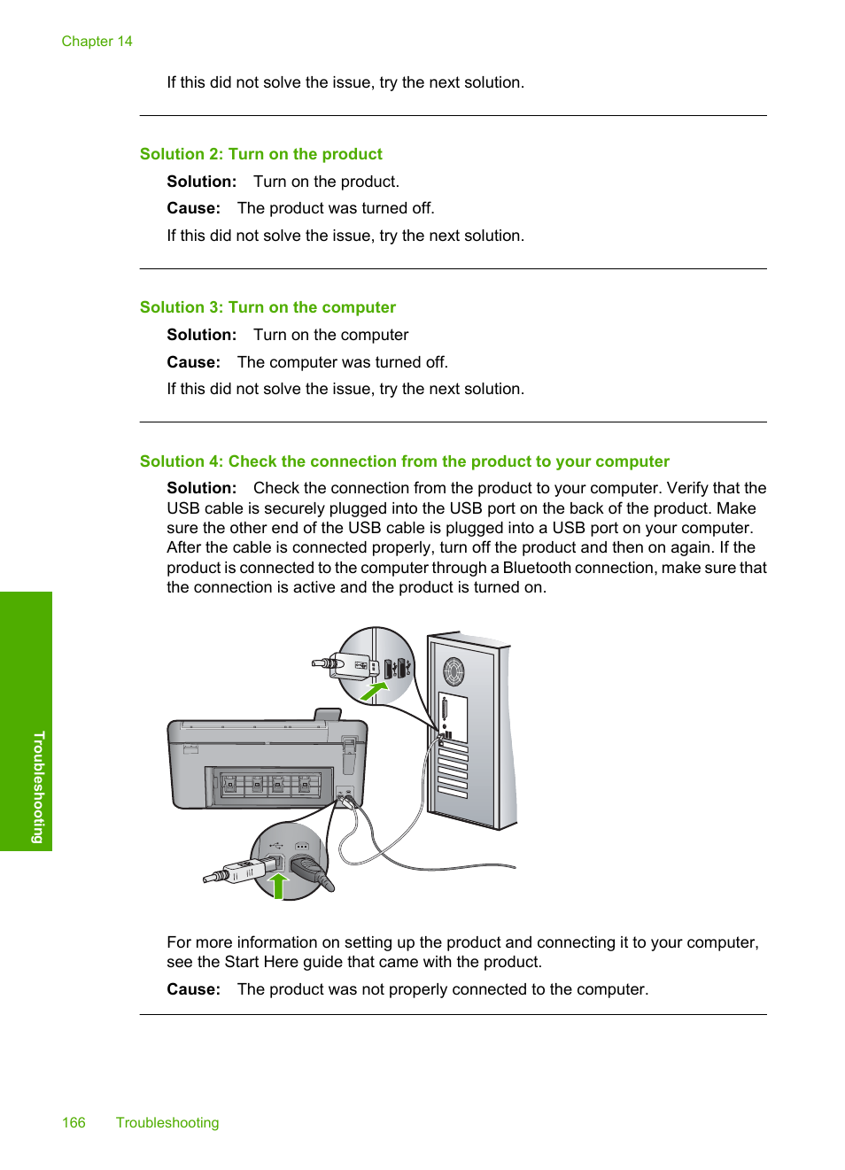 Solution 2: turn on the product, Solution 3: turn on the computer | HP Photosmart C5580 All-in-One Printer User Manual | Page 169 / 292