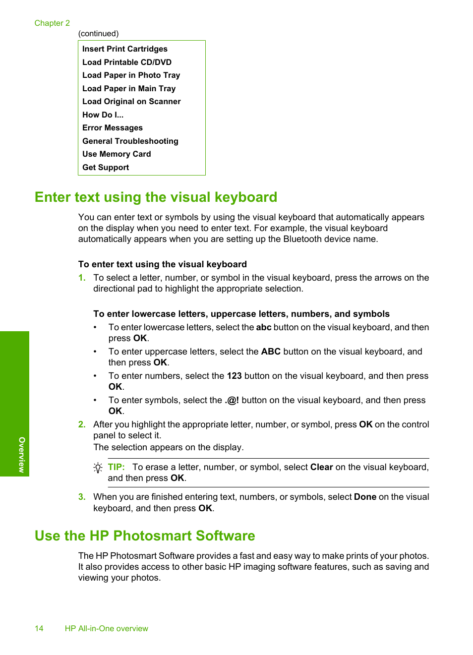 Enter text using the visual keyboard, Use the hp photosmart software | HP Photosmart C5580 All-in-One Printer User Manual | Page 17 / 292