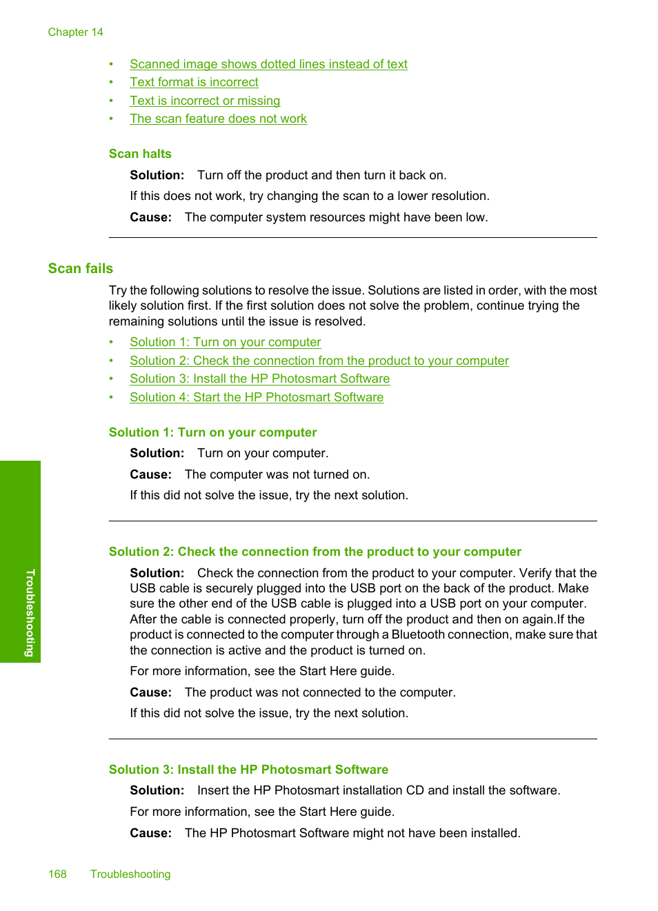 Scan fails, Scan halts | HP Photosmart C5580 All-in-One Printer User Manual | Page 171 / 292
