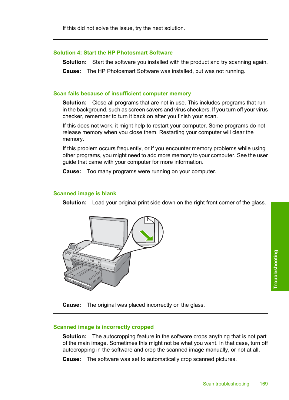 Scan fails because of insufficient computer memory, Scanned image is blank, Scanned image is incorrectly cropped | Solution 4: start the hp photosmart software | HP Photosmart C5580 All-in-One Printer User Manual | Page 172 / 292