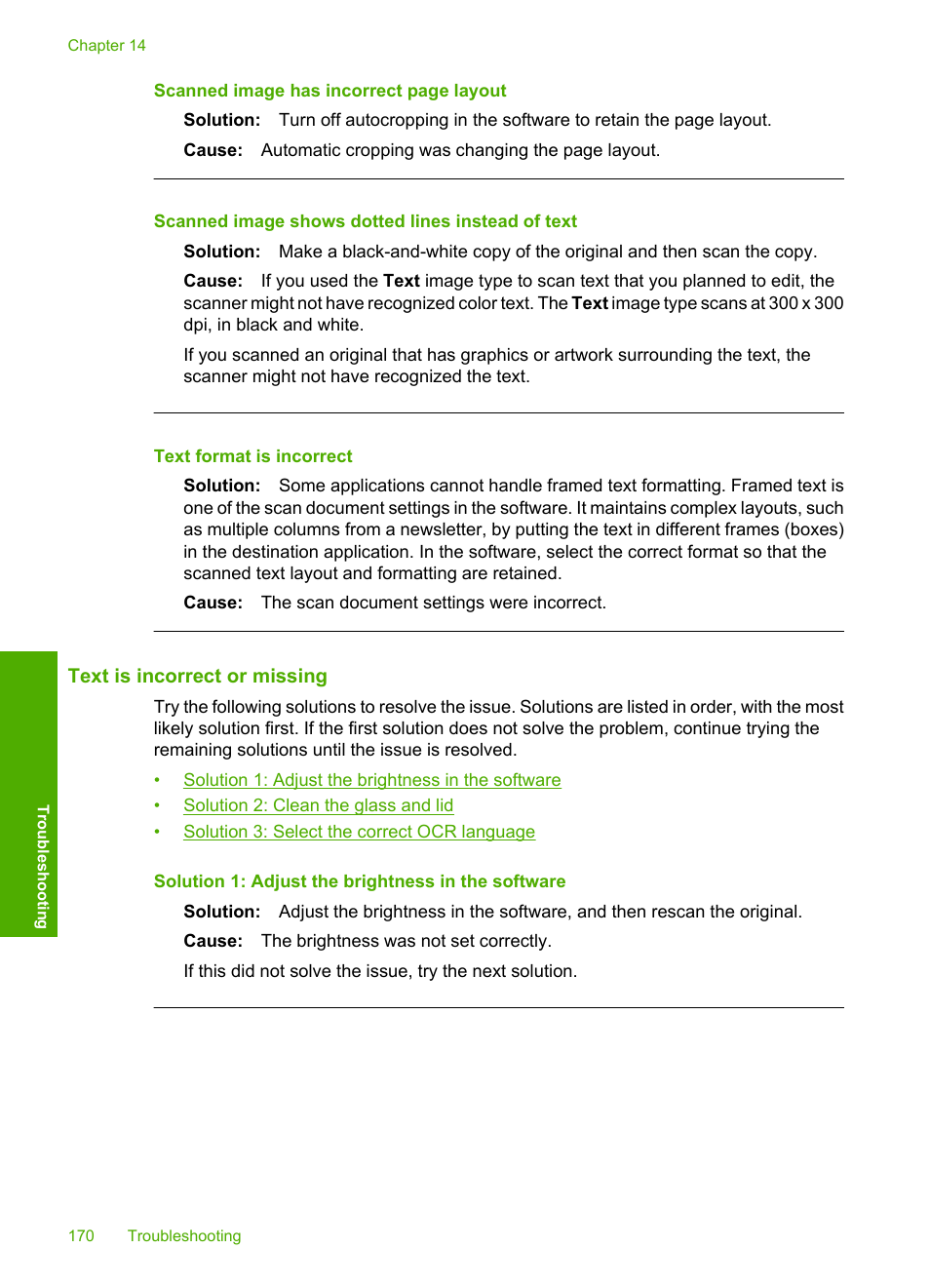 Text is incorrect or missing, Scanned image shows dotted lines instead of text, Text format is incorrect | HP Photosmart C5580 All-in-One Printer User Manual | Page 173 / 292